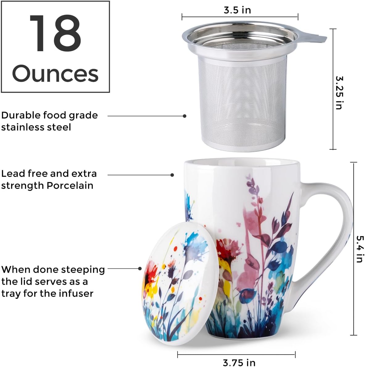 AmorArc Tea Cup With Infuser and Lid, 18oz Loose Leaf Tea Mug With Steeper