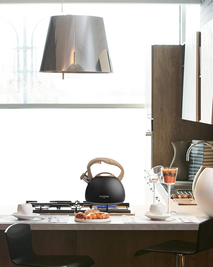 Poliviar Tea Kettle, Black Ti Stovetop Tea Kettle 2.7 Quart, Audible Whistling Teapot, Food Grade Stainless Steel for Anti-Rust and Anti Hot Handle