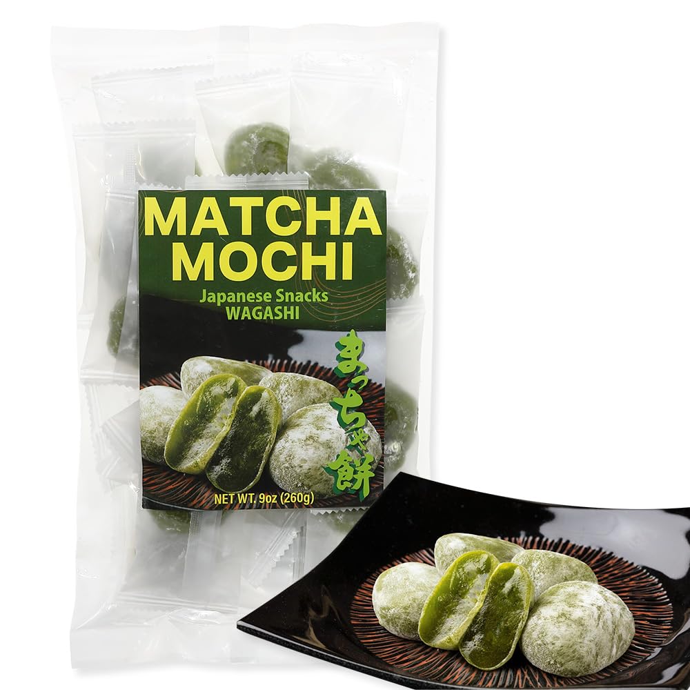 Matcha Mochi Candy, Soft Chewy Japanese Green Tea Snack, Japan, 9 oz | Authentic matcha wagashi inspired by Japanese rice cakes. Individually wrapped for a convenient sweet treat