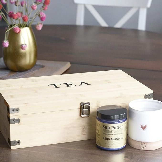 Large Wooden Tea Organizer Box, Big 14" Pine Storage Chest, 8-Slot Tall, Adjustable Shelves, 100% Handmade Craft Eco-Friendly Natural Décor