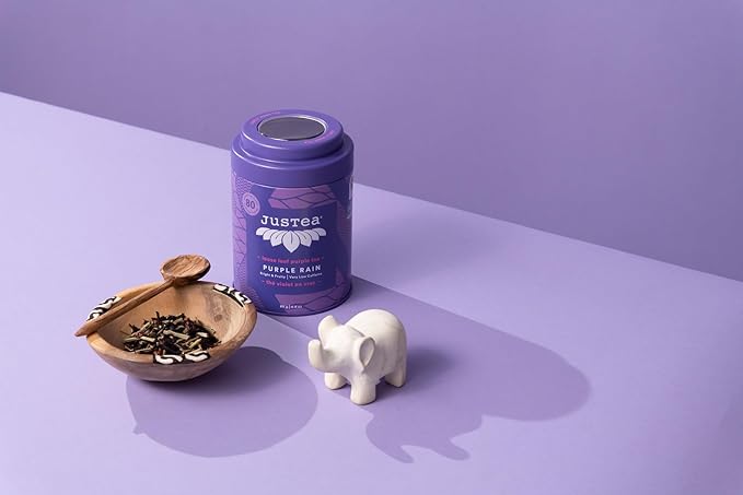 JusTea PURPLE RAIN | Loose Leaf Purple Tea | Tin with Hand Carved Tea Spoon | 40+ Cups (2.8oz) | Very Low Caffeine | Award-Winning | Fair Trade | Non-GMO