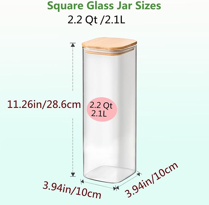 2.2 Qt Square Glass Storage Containers with Lids, Clear Food Storage Container Jar with Sealing Bamboo Lid Storage Containers for Pasta, Oats, Coffee