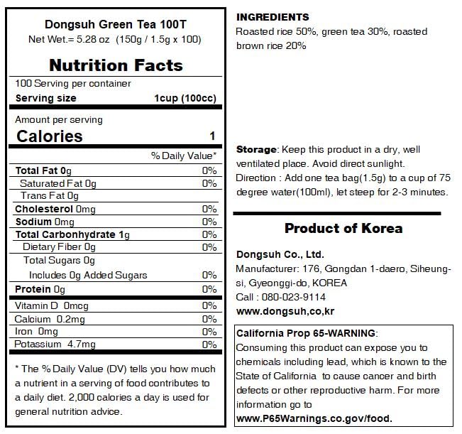 Dongsuh Korean Brown Rice Green Tea, Traditional Korean Tea Blend, 100 1.5g Tea Bags