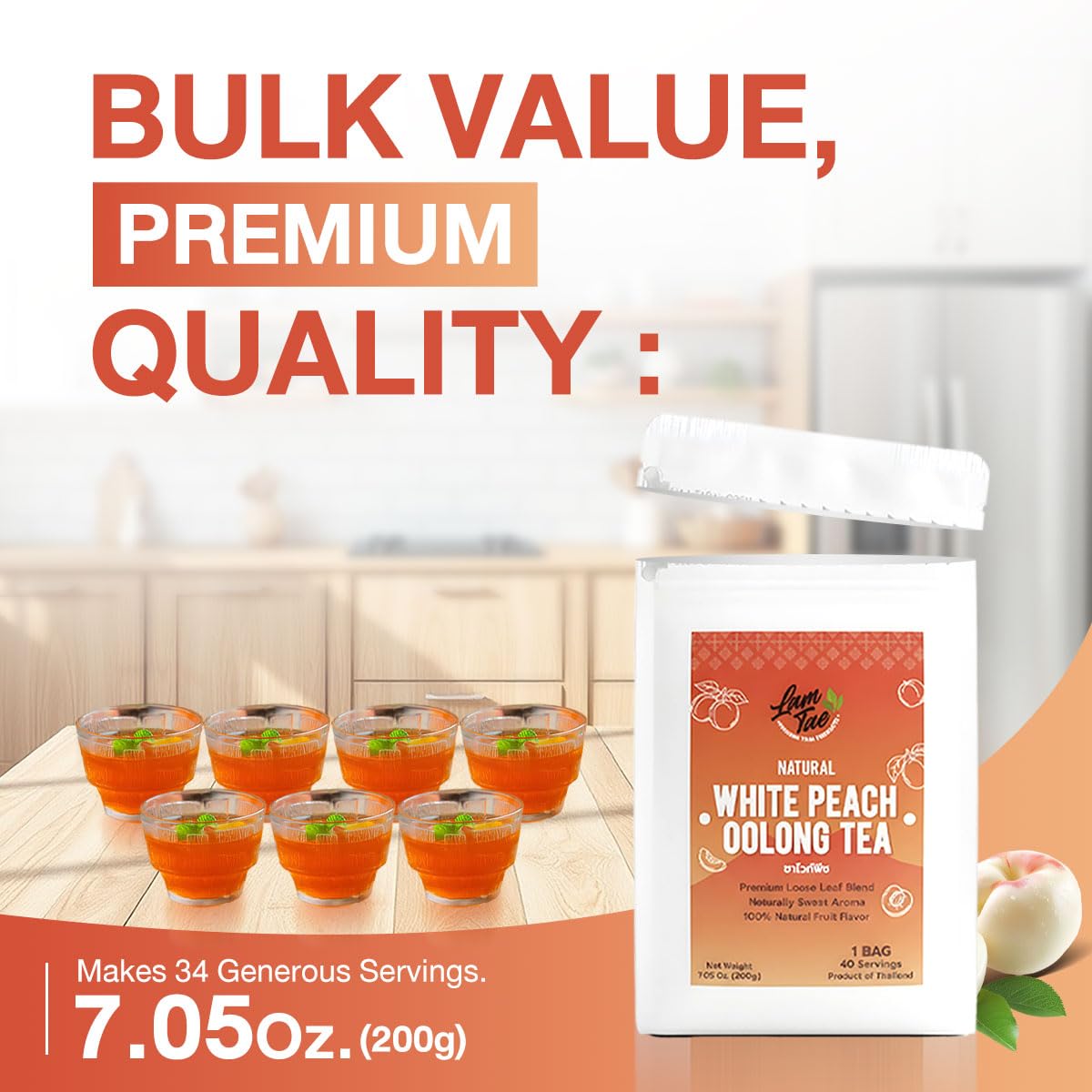 Lam Tae Premium White Peach Oolong Tea Loose Leaf | Natural Fruit Tea Iced & Hot No Artificial Colors or Flavors. Excellent Bulk Loose Leaf for Clear Brew. Net Weight 200g Bag Brews Approx. 40 Cups.