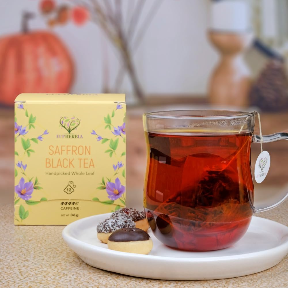 Eupherbia Saffron Black Tea, Handpicked, Highland Grown Whole Leaf Tea, Enriched with Premium Saffron Threads, Brisk, Earthy, Aromatic, Individually Wrapped Tea Sachets (Pack of 12) (2 Pack)