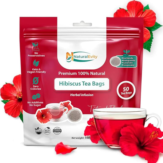 NaturalEvity Hibiscus Tea Bags (50 Count) – Flor de Jamaica Herbal Tea – Ayurveda Inspired, Naturally Antioxidant-Rich, Caffeine-Free & Non-GMO