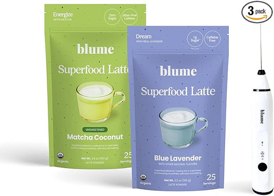 Blume Matcha & Blue Lavender Starter Pack - Organic Superfoods Booster for Lattes, Coffee & Smoothies - Vegan, Sugar and Gluten Free - Includes Frother - 60 Servings