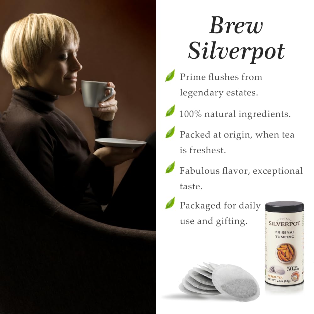Silverpot Turmeric Tea Bags, 50 Count, Turmeric Root Powder, Warming, Herbal Tea, Hot or Iced, Caffeine Free, 100% Natural