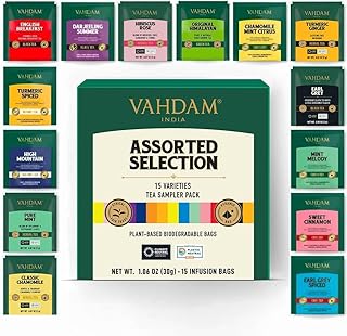 VAHDAM, Assorted Tea Sampler (15 Different Variety in Individually Wrapped Pyramid Tea Bags) Long Leaf Premium Teas I Teas Gift Set I Ideas for Tea Lovers | Gifts for Women & Men