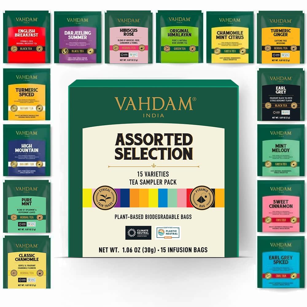 VAHDAM, Assorted Tea Sampler (15 Different Variety in Individually Wrapped Pyramid Tea Bags) Long Leaf Premium Teas I Teas Gift Set I Ideas for Tea