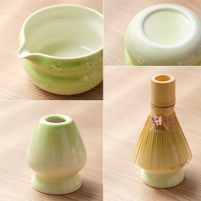 Matcha Kit 7-Pcs matcha whisk set, Measuring Spoon, Japanese Tea Making Tools,Cha, tea bowl, pink matcha set (light green)