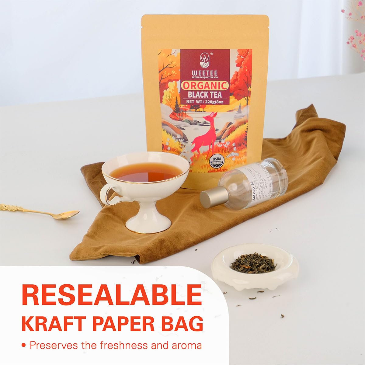 WT WEETEE Organic Black Tea Loose Leaf, 110+ Cups, No Bitter &amp; Rich Flavor | Pure Organic FOP Black Tea with Rich Malt, Floral &amp; Fruity Notes, Premium Loose Leaf Black 228g /8oz for Hot or Iced &amp; Latte
