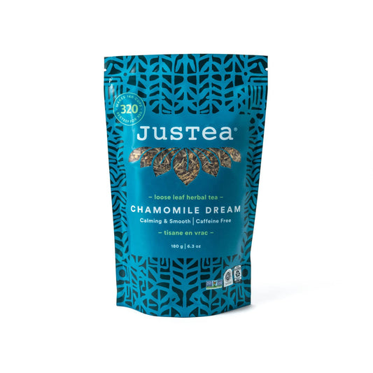 JusTea CHAMOMILE DREAM Loose Leaf Herbal Tea, 160+ Cup Pouch, Caffeine-Free | Fair-Trade CHAMOMILE DREAM Loose Leaf Herbal Tea. 180g/6.3oz Resealable Pouch. Steeps 160+ cups. Caffeine-Free. Organic.