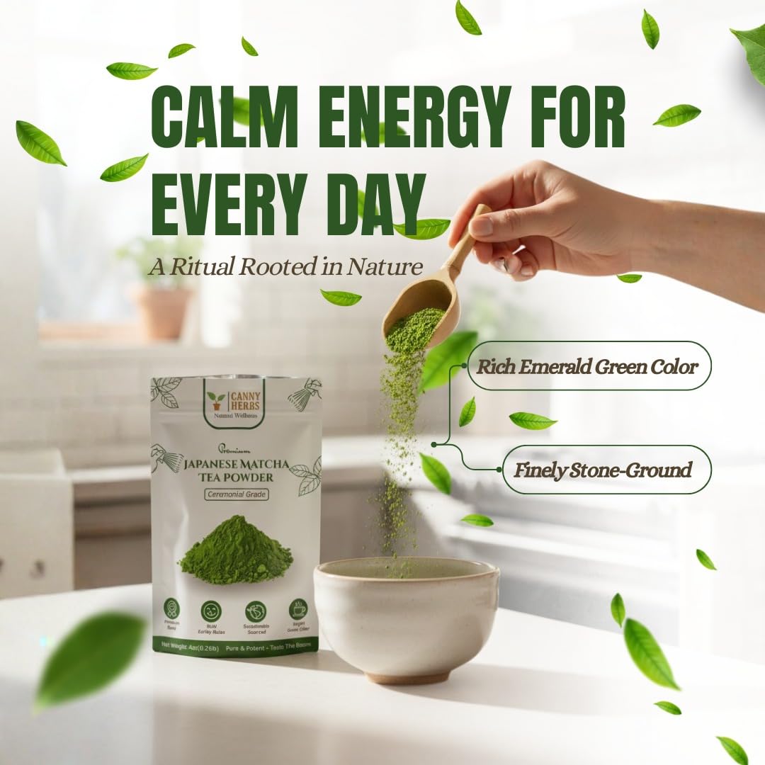 Canny Herbs Matcha Tea Powder 4oz, Japanese Ceremonial Grade, Green Tea Powder, Energy, Calm & Focus, Antioxidant Support