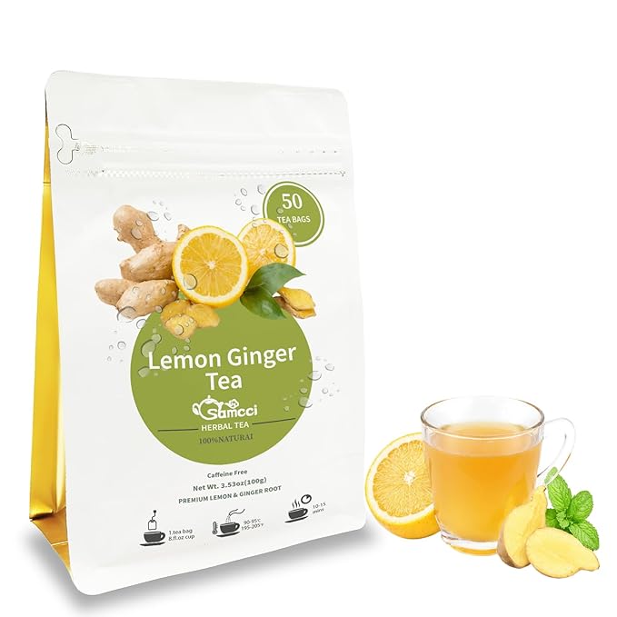 Samcci - Lemon Ginger Tea Bags, 50 Teabags - Great Hot or Iced – Aromatic, Natural, Pleasantly Spicy & Warming - Non-GMO - Caffeine-free