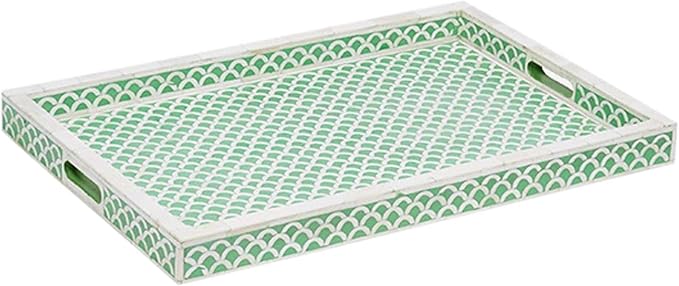 Handmade Resin Tray Bone Inlay Rectangle Serving Tray Geometrical Pattern Fancy and Decorative Serving Platter with Handle for Snacks, Tea, Coffee Table, Dining (Green)