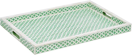 Handmade Resin Tray Bone Inlay Rectangle Serving Tray Geometrical Pattern Fancy and Decorative Serving Platter with Handle for Snacks, Tea, Coffee Table, Dining (Green)