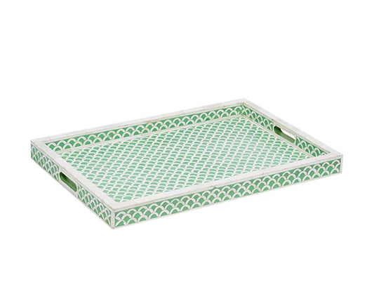 Handmade Resin Tray Bone Inlay Rectangle Serving Tray Geometrical Pattern Fancy and Decorative Serving Platter with Handle for Snacks, Tea