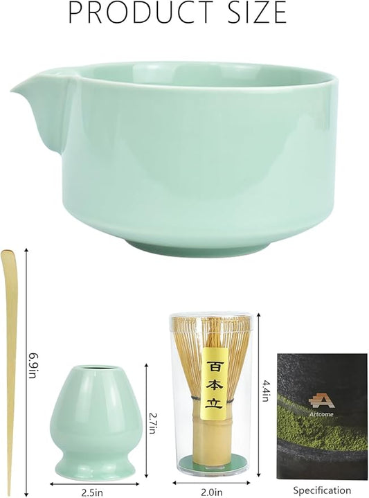Artcome Premium Matcha Tool Set Green 1, 4 Pcs, Japanese Matcha Set with Bowl, Whisk, Holder, Scoop & Manual