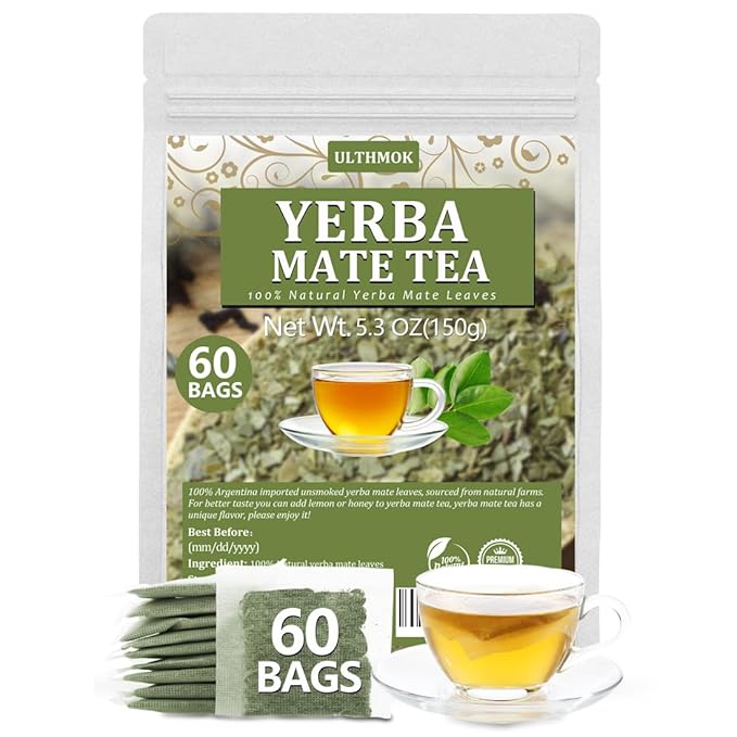 Premium 60 Unsmoked Yerba Mate Tea Bags, Made with 100% Pure Yerba Mate Leaves, No Additives & Caffeine Free.