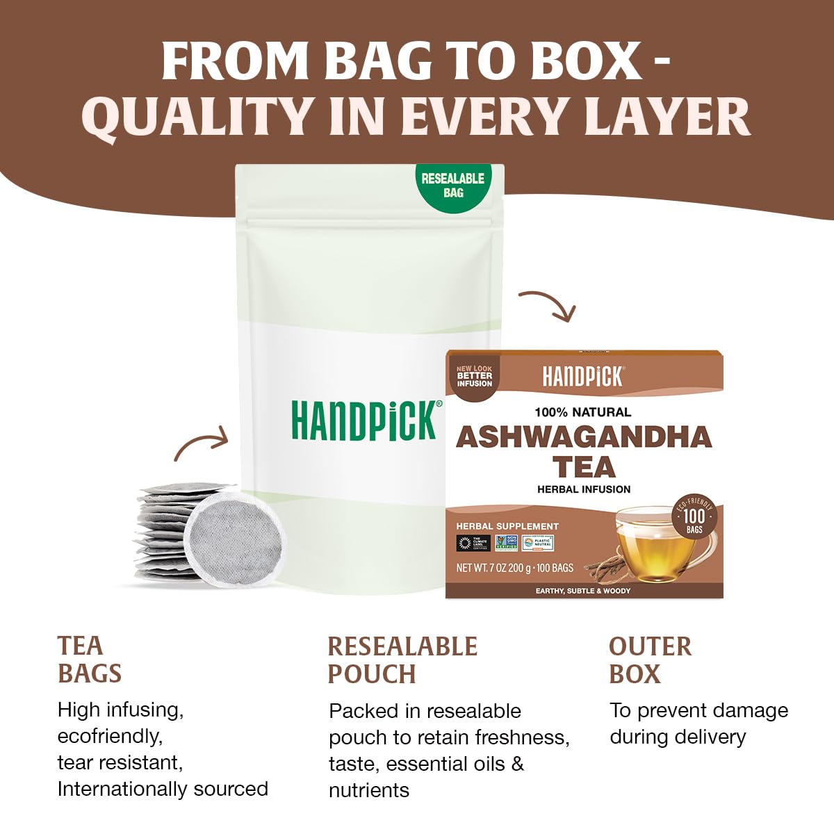 HANDPICK Ashwagandha Teabags (100 Count) Pure Ashwagandha Root,Gluten Free