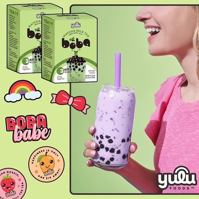 Matcha Latte Instant Bubble Pearl Matcha Milk Tea Kit with Authentic Brown Sugar Tapioca Pearls, Ready in Under One Minute, Paper Straws Included – 3 Servings Yulu Foods