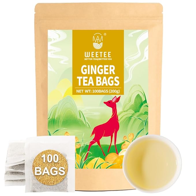 WT Weetee Ginger Tea Bags, 100 Count Pure Ginger Root Tea, Warm & Spicy, Natural Caffeine Free Herbal Tea, No Spices & Flavors