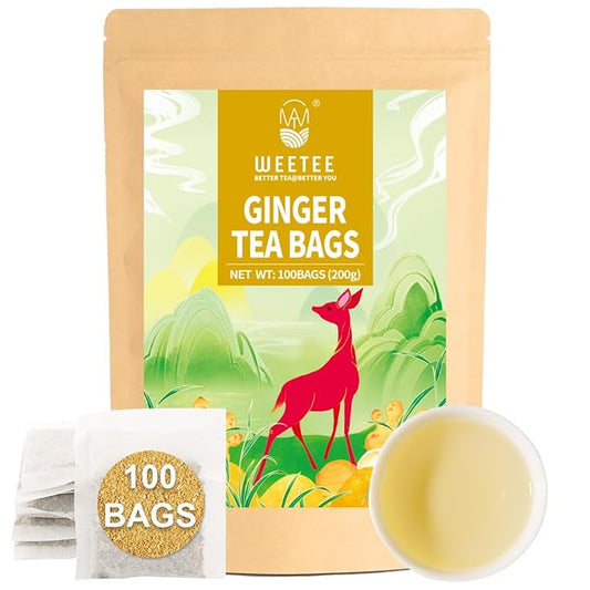 WT Weetee Ginger Tea Bags, 100 Count Pure Ginger Root Tea, Warm & Spicy, Natural Caffeine Free Herbal Tea, No Spices & Flavors