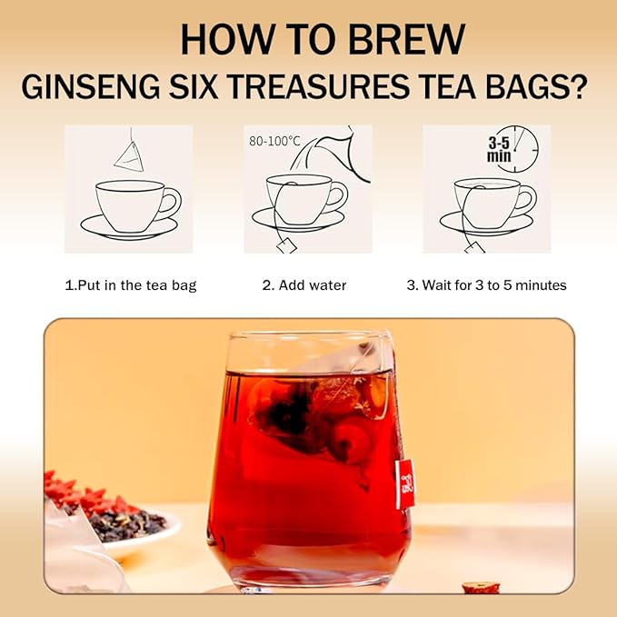 Ginseng Six Treasures Tea, 30Bags/10.58Oz, Traditional Chinese Tea, Natural Herbal Tea for Men Women, 6 Precious Ingredients Formula