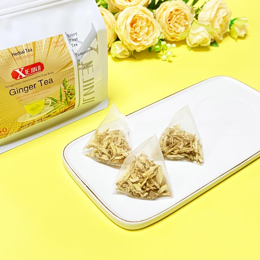 XIEJINJI Ginger Tea Bags, 100% Pure Dry Ginger Root, 4.2g x 40 Teabags, Re-usable for Brew, Spicy Digestive Ease, Eco-Conscious Tea Bags, Resealable Bag