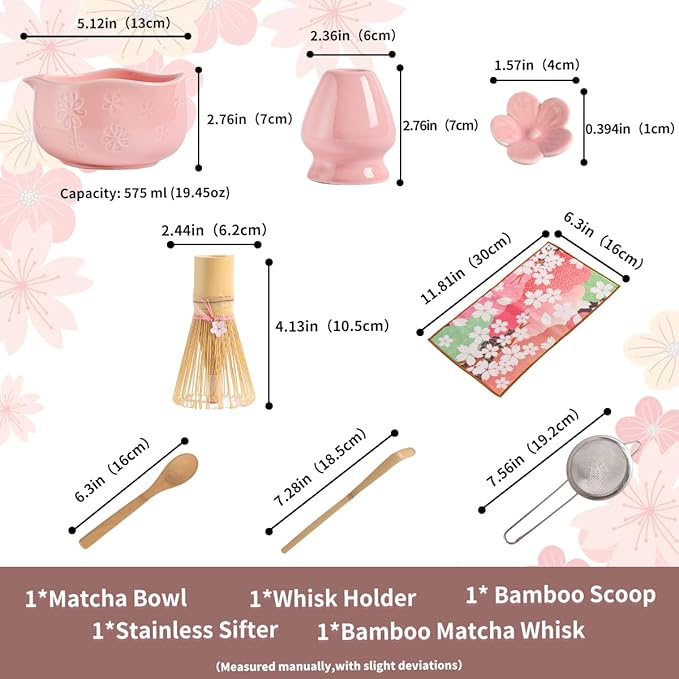 Handcrafted Matcha Bowl Set 8pc - Japanese Style Ceramic Chawan Tea Cups with Floral Art & Wavy Rim | Complete Matcha Tea Ceremony Kit in Premium Gift Box (pink)