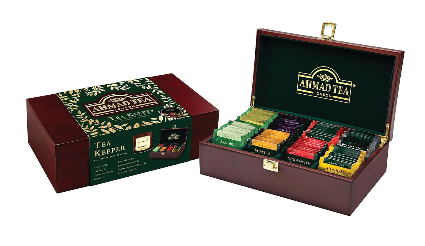 Ahmad Tea Black &amp; Green Tea, Wooden Tea Keeper, 8 Popular Blends 10 ct (each) 80 Teabags Total - Caffeinated &amp; Sugar-Free