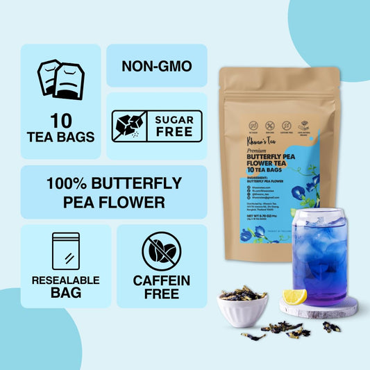 KHWAN'S TEA Organic Butterfly Pea Flower Tea Bags, USDA Organic, 10 Count | Organic butterfly pea flower tea bags, color-changing blue herbal tea, whole-flower, caffeine-free, vegan, Thai-grown, 10 ct