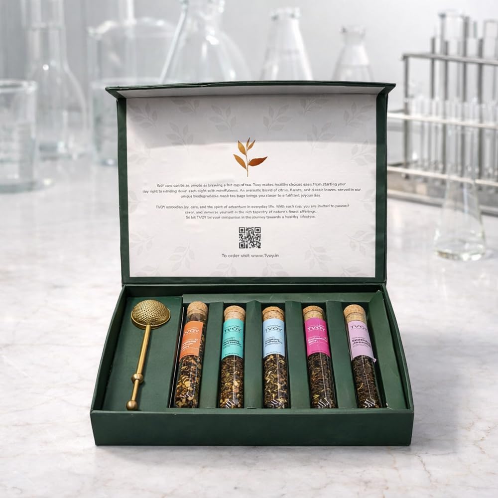 TVOY- Assorted Tea Infusion Gift Set 6 Unique Flavors and Reusable Tea Stainer, Loose Leaf Tea Set Flavors Include, Mint Green Tea, Premium Whole Loose Leaf Tea Gift Box for Women & Men, Tea Sampler for Birthdays & Tea Lovers