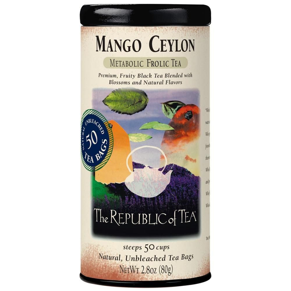 The Republic of Tea Mango Ceylon Black Tea, Naturally Caffeinated, 50 Count | Made for morning or afternoon sipping. Brisk and full-bodied with notes of juicy fruit. Gluten Free and Carb Free.