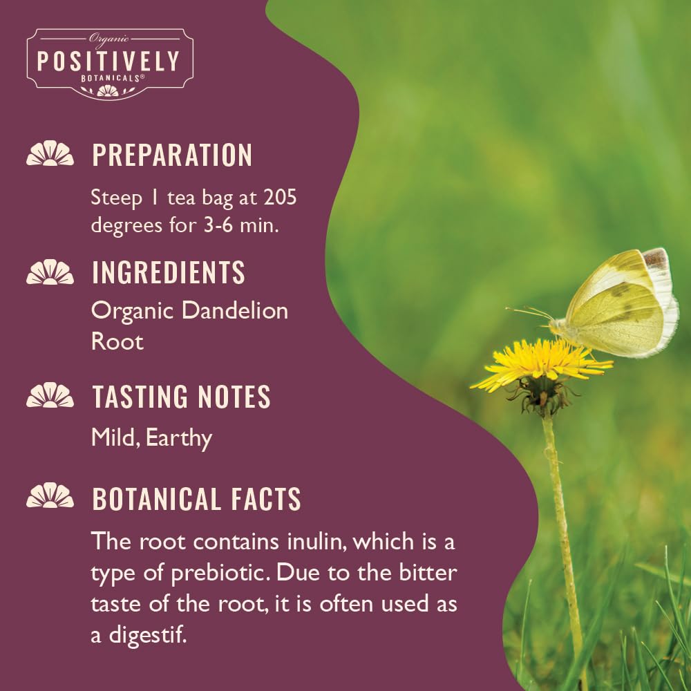 Organic Positively Botanicals Company, Dandelion Root Herbal Tea Bags, 20 Count