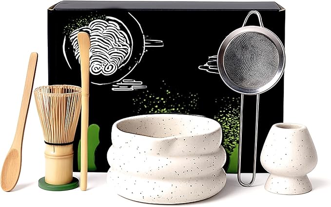 Matcha Whisk Kit Set of 6 includes Matcha Bowl, Matcha Bamboo Whisk, Scoop, Spoon Sifter, Whisk Holder Tea Accessories Gift for Tea Lovers(White Sand)