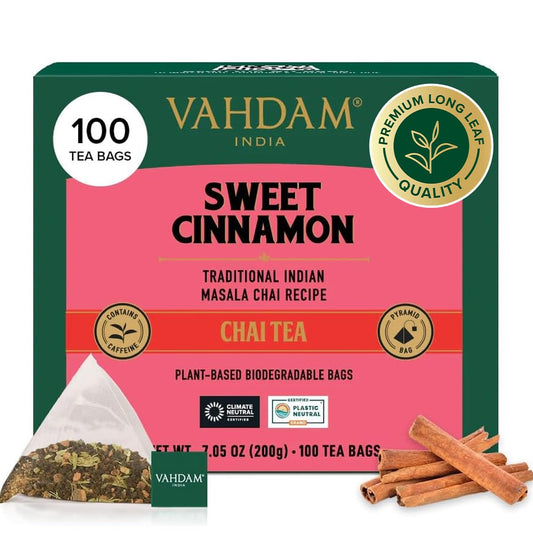 VAHDAM Sweet Cinnamon Chai Tea Bags (100 Count) | 100% Natural Spices | Spiced Masala Chai with Natural Cinnamon | Aromatic &amp; Rich Flavor | Hot or Iced Brew