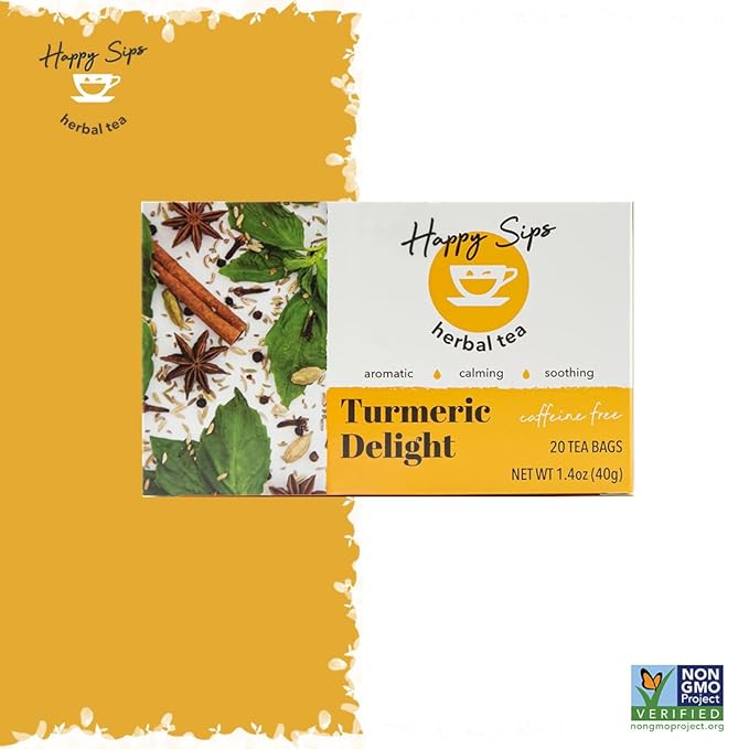 Happy Sips Herbal Tea – Turmeric Delight - Made of 11 Non-GMO Natural Herbs & Spices with No Artificial Flavor, Colors, or Additives, 100% Naturally Caffeine Free, 20 Individually Wrapped Tea Bags (Pack of 1)