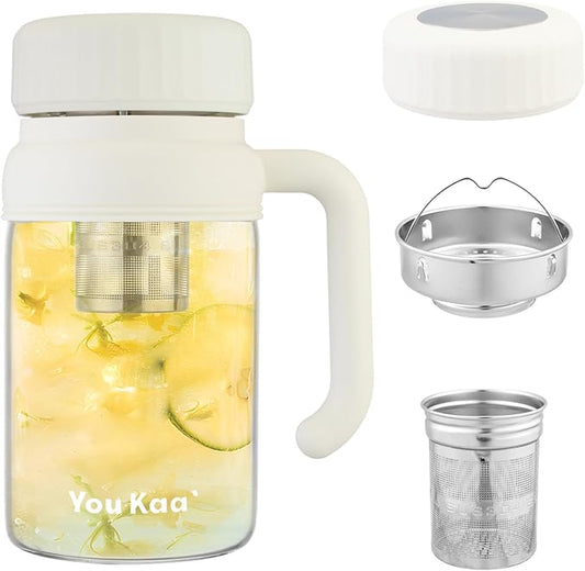 32oz Glass Water Bottle, Tea Bottle with Infuser & Handle, BPA-Free Leakproof Wide Mouth Large Tea Infuser cup for Hot or Cold Drinks, Loose