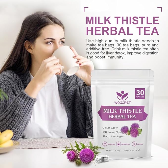 Wogorgt Dried Milk Thistle Tea - Organic Milk Thistle Herbal Tea, Antioxidant and Immune Support, Caffeine Free - 30 Tea Bags