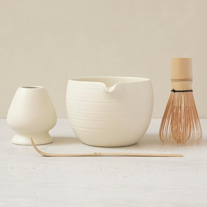 Matcha Whisk Set, Ceramic Matcha Bowl & Whisk Holder, Bamboo Accessory, Modern Design (Matte Crème, 