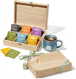 Thoughtfully Wooden Tea Box Gift Set, 90 Premium Tea Bags in Assorted Flavors, Includes Bow and Gift Tag, Luxury Tea Sampler Gift for Women, Mom, Dad, Friends, Birthday, Christmas, Housewarming, or Thank You Gifts