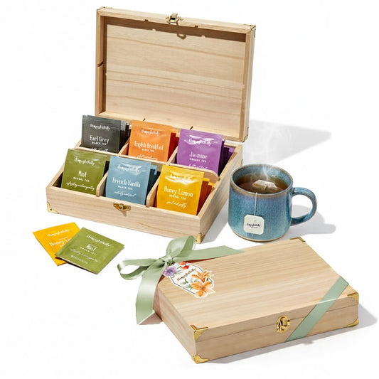 Thoughtfully Wooden Tea Box Gift Set, 90 Premium Tea Bags in Assorted Flavors, Includes Bow and Gift Tag, Luxury Tea Sampler Gift for Women, Mom, Dad