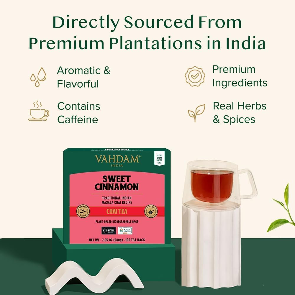 VAHDAM Sweet Cinnamon Chai Tea Bags (100 Count) | 100% Natural Spices | Spiced Masala Chai with Natural Cinnamon | Aromatic &amp; Rich Flavor | Hot or Iced Brew