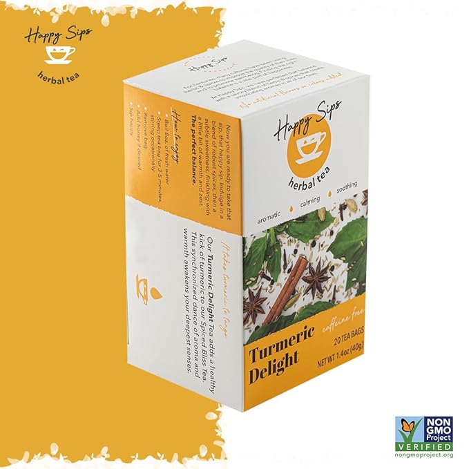 Happy Sips Herbal Tea – Turmeric Delight - Made of 11 Non-GMO Natural Herbs & Spices with No Artificial Flavor, Colors, or Additives, 100% Naturally Caffeine Free, 20 Individually Wrapped Tea Bags (Pack of 1)