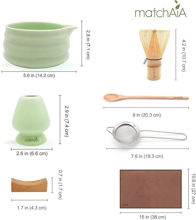 Matcha Whisk Set - Ceramic Bowl, Bamboo Whisk with Holder, Sifter, Schima Spoon, Spoon Rest and Tea Towel