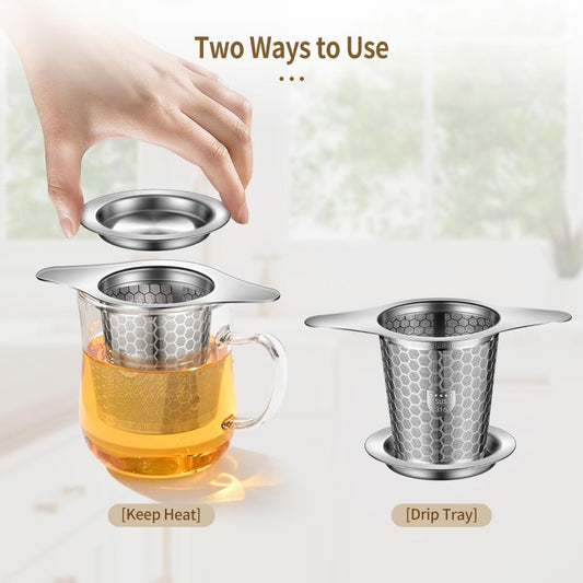 BOMANSI BOMS 2Pack Tea Infuser Strainers, 316 Stainless Steel Loose Leaf Tea Strainer Stepper with Double Handles, Extra Fine