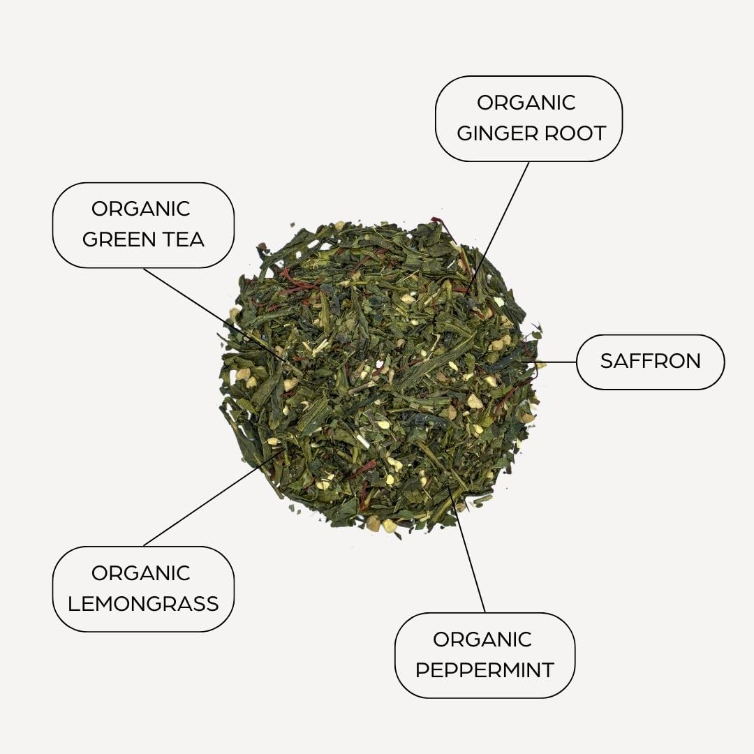 Tahmina Saffron Sencha Tea: Chinese Green Tea Blend with Afghan Saffron, Moderately Caffeinated Tea, 12 Biodegradable Pyramid Tea Bags, Makes 36 Cups (1 Pack)