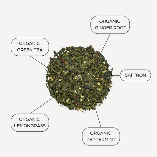 Tahmina Saffron Sencha Tea: Chinese Green Tea Blend with Afghan Saffron, Moderately Caffeinated Tea, 12 Biodegradable Pyramid Tea Bags, Makes 36 Cups (1 Pack)